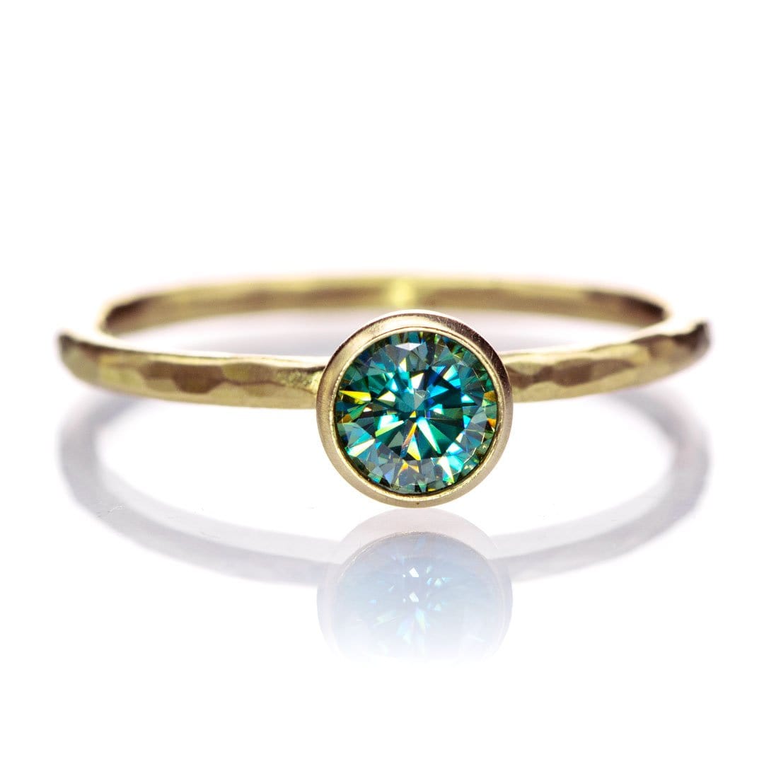 Round Teal Moissanite Martini Bezel Skinny Hammer Textured Stacking Solitaire Ring 14k Yellow Gold / 5mm/ 0.45ct Teal Moissanite Ring by Nodeform