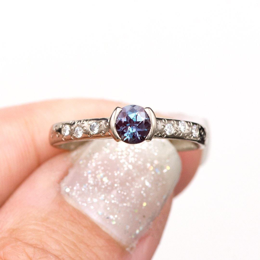Alexandrite Half Bezel Diamond Star Dust Engagement Ring Ring by Nodeform