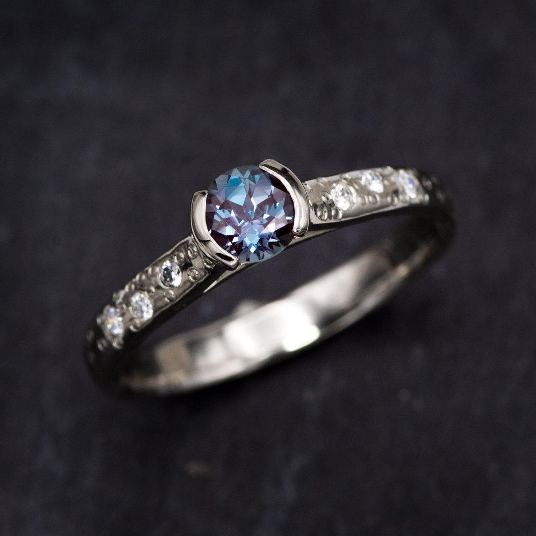 Alexandrite Half Bezel Diamond Star Dust Engagement Ring 5mm/~0.64ct Alexandrite / 18kPD White Gold Ring by Nodeform