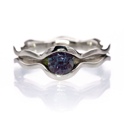 Wave Alexandrite Solitaire Engagement Ring 5mm Lab Created / 14kPD White Gold Ring by Nodeform
