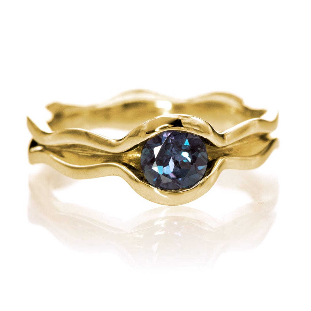 Wave Alexandrite Solitaire Engagement Ring 5mm Lab Created / 14k Yellow Gold Ring by Nodeform