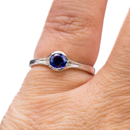 Lab Created 5mm Round Blue Sapphire Half Bezel Fold Solitaire Ring in Sterling Silver, Ready to Ship Ring Ready To Ship by Nodeform