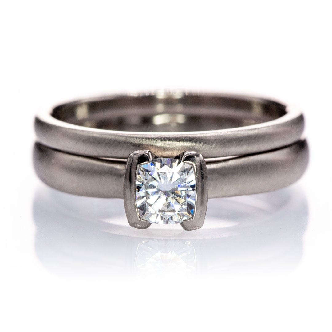 Cushion Moissanite Ring Bridal Set, Solitaire Engagement Ring & Gold Wedding Band 5mm Near-Colorless F1 Moissanite (GHI Color) / 18kPD White Gold Ring by Nodeform