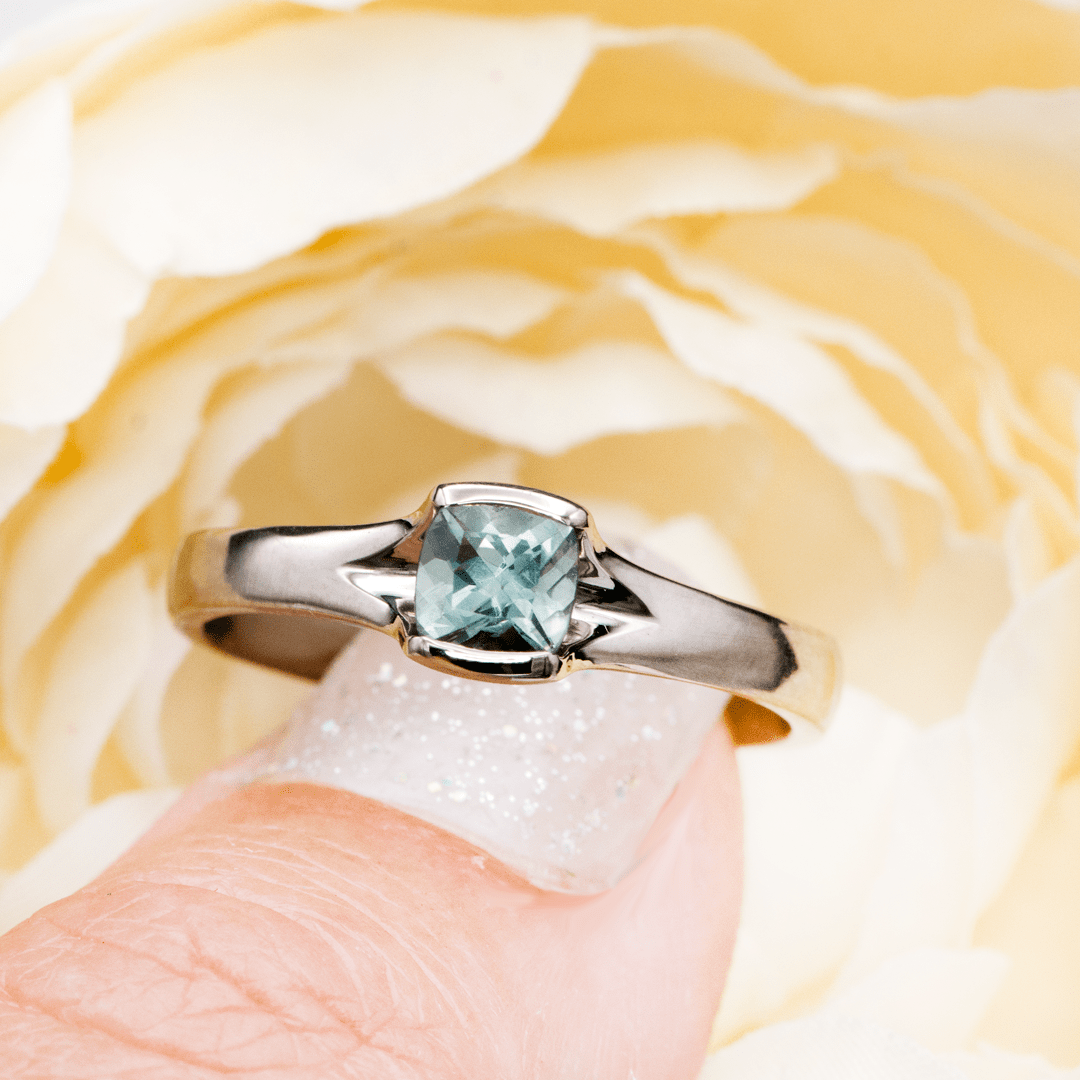 Cushion Fair Trade Teal Green Blue Sapphire Fold Solitaire Engagement Ring Ring by Nodeform