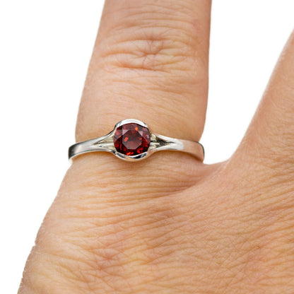 5mm Round Garnet Half Bezel Fold Solitaire Ring in Sterling Silver, Ready to Ship Ring Ready To Ship by Nodeform