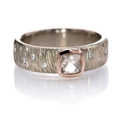 Textured Engagement Ring with Cushion Cut Morganite & Diamonds Accents 14k Nickel White Gold Ring by Nodeform