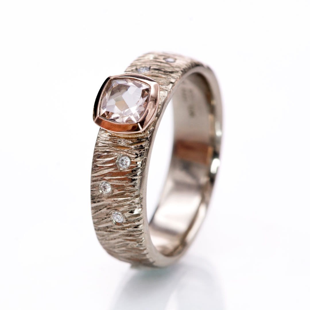 Textured Engagement Ring with Cushion Cut Morganite & Diamonds Accents 18kPD White Gold Ring by Nodeform