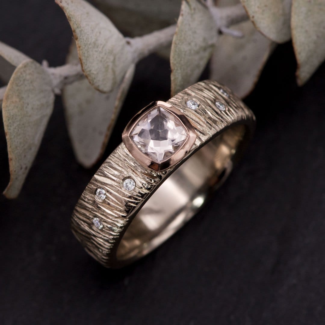 Textured Engagement Ring with Cushion Cut Morganite & Diamonds Accents Ring by Nodeform