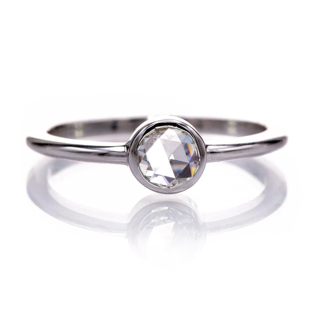 Round Rose Cut Moissanite or Diamond Low Profile Bezel Minimal Solitaire Engagement Ring 14k White Gold / Colorless rose-cut Moissanite Ring by Nodeform