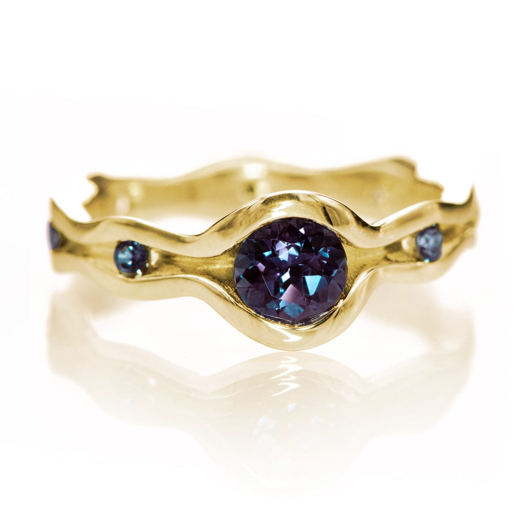 Accented Wave Alexandrite Engagement Ring 4mm Lab Created / 14k Yellow Gold Ring by Nodeform