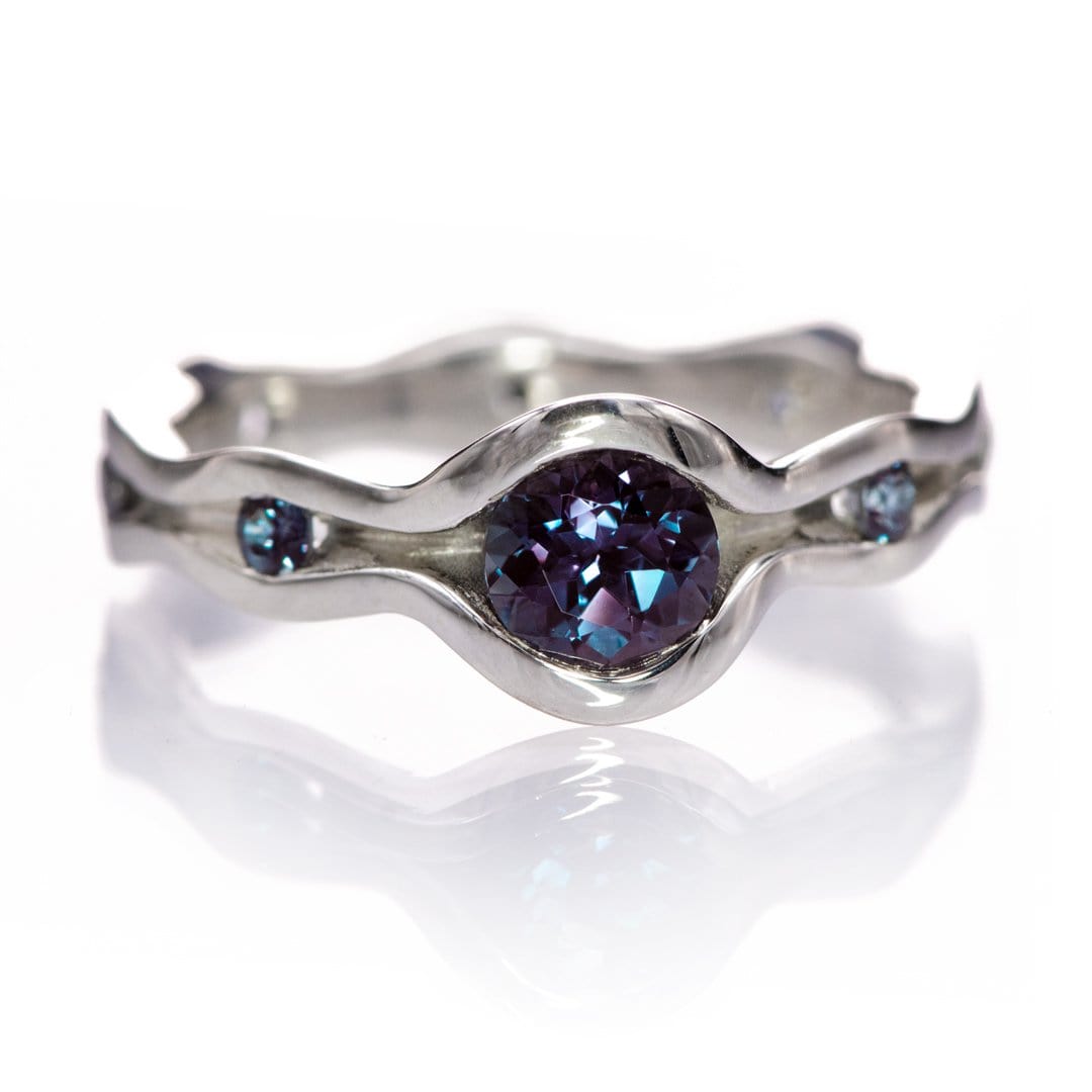 Accented Wave Alexandrite Solitaire Engagement Ring 4mm Lab Created / 14k Nickel White Gold Ring by Nodeform