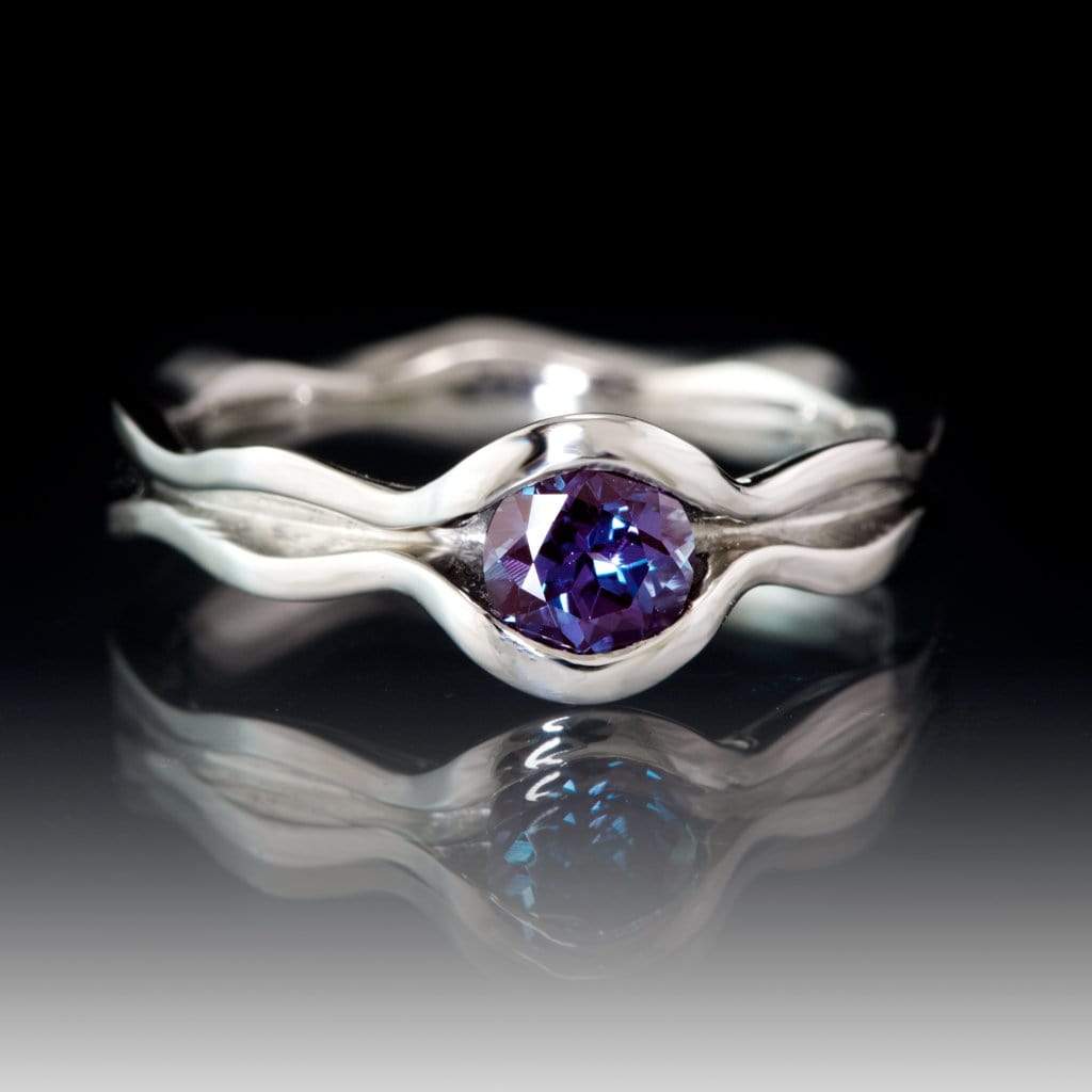 Wave Alexandrite Solitaire Engagement Ring 4mm Lab Created / 14kPD White Gold Ring by Nodeform