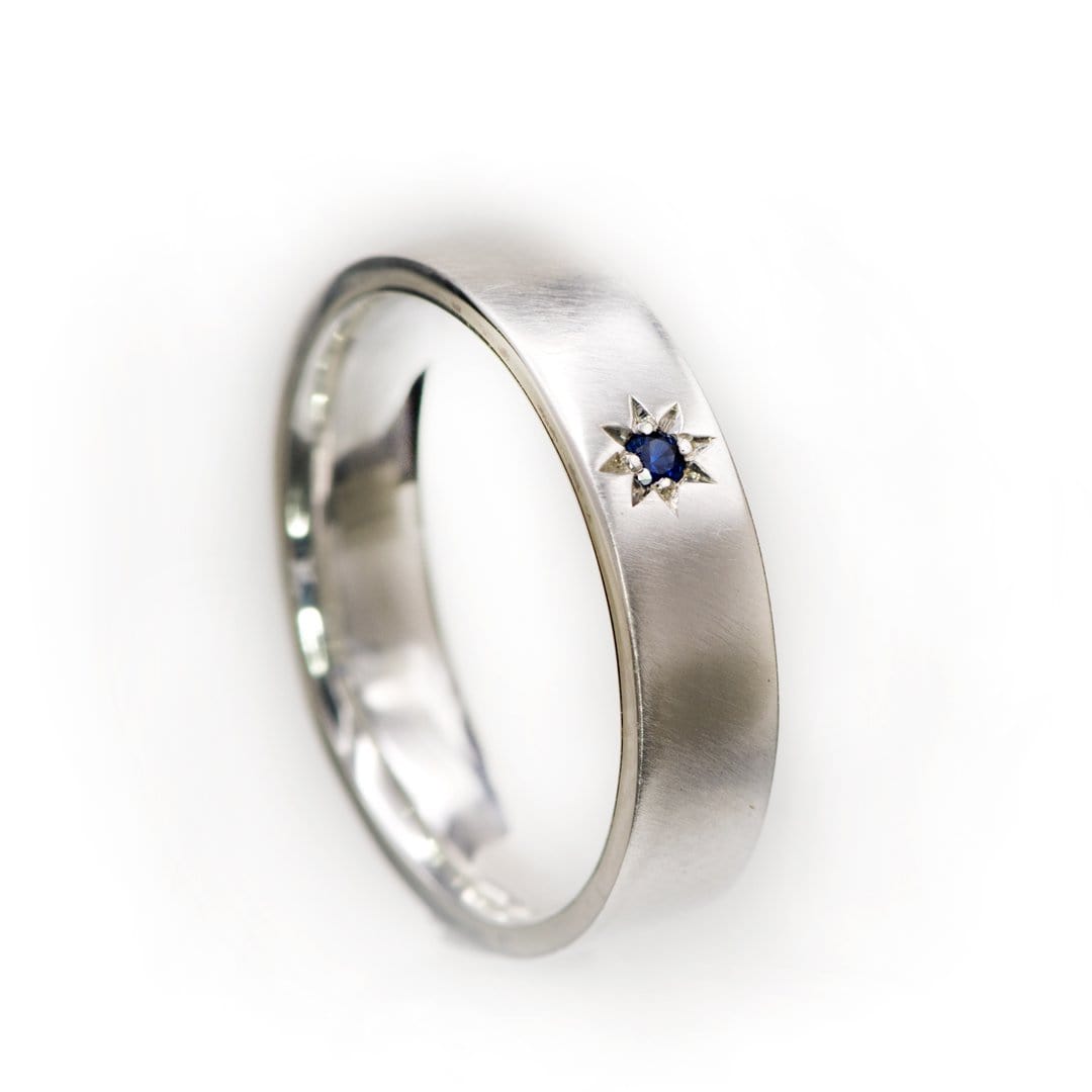 Flat Wedding Band with Star Set Blue Sapphire