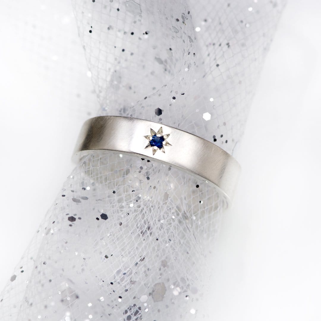Flat Wedding Band with Star Set Blue Sapphire Ring by Nodeform