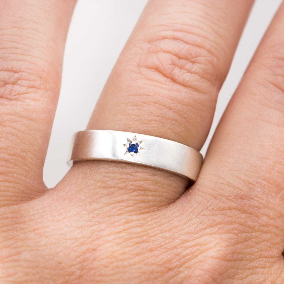 Flat Wedding Band with Star Set Blue Sapphire Ring by Nodeform