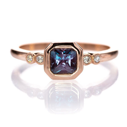 Brooklynn - Bezel Set Square Radiant Alexandrite 14k Rose Gold Engagement Ring with Moissanite Accents Ring Ready To Ship by Nodeform