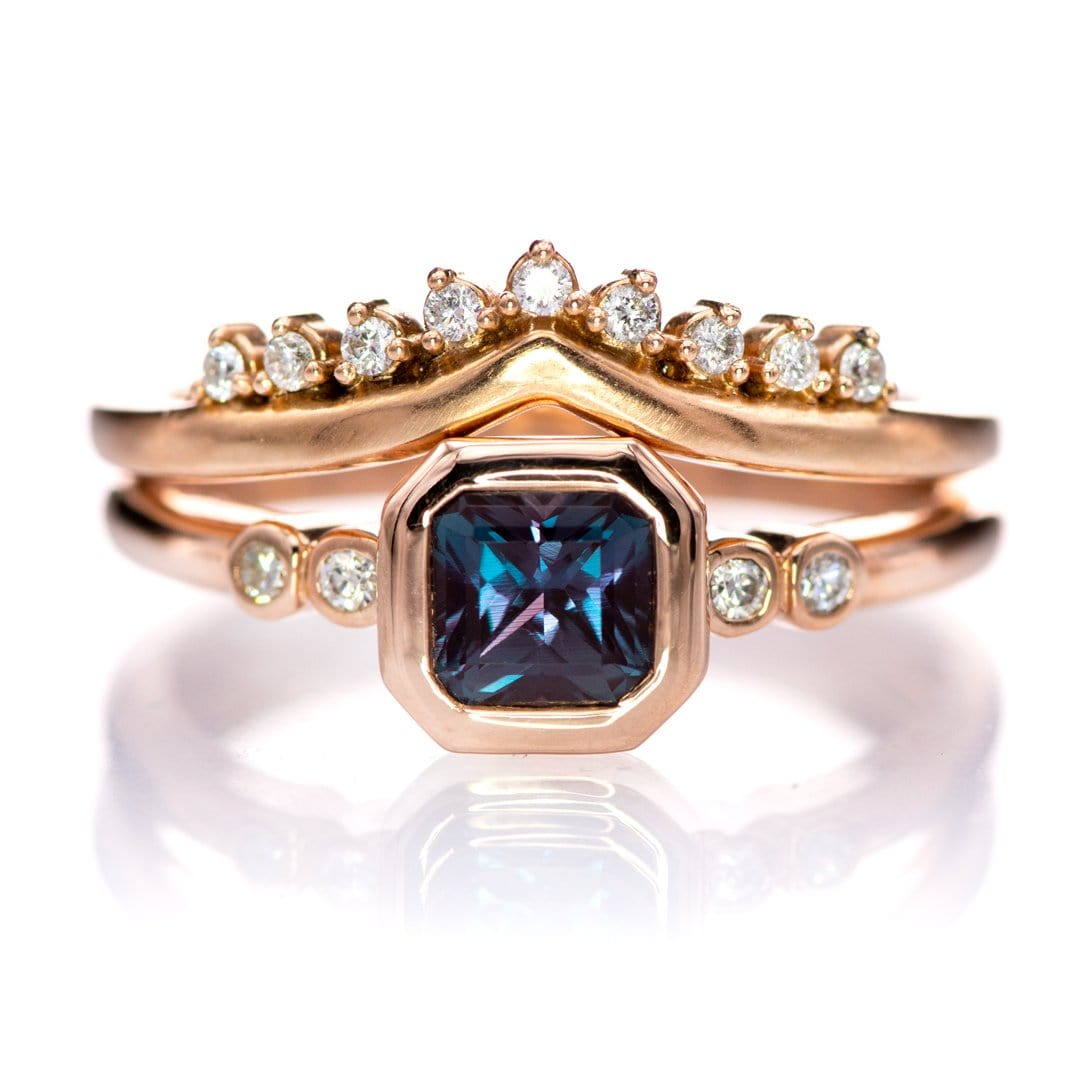 Brooklynn - Bezel Set Square Radiant Alexandrite 14k Rose Gold Engagement Ring with Moissanite Accents Ring Ready To Ship by Nodeform