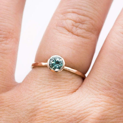 Teal Green/Blue Montana Sapphire Martini Bezel Skinny Hammer Textured Stacking Solitaire Ring Ring by Nodeform
