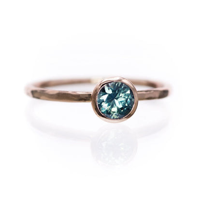 Teal Green/Blue Montana Sapphire Martini Bezel Skinny Hammer Textured Stacking Solitaire Ring 14k Rose Gold Ring by Nodeform