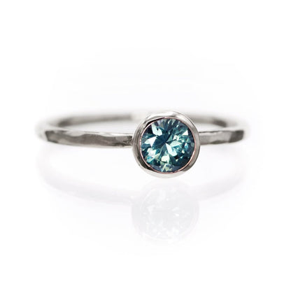 Teal Green/Blue Montana Sapphire Martini Bezel Skinny Hammer Textured Stacking Solitaire Ring 14k White Gold Ring by Nodeform