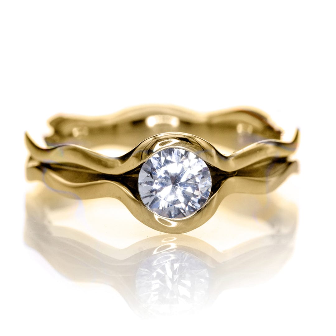 Wave White Sapphire Solitaire Engagement Ring 14k Yellow Gold / 5mm Ring by Nodeform