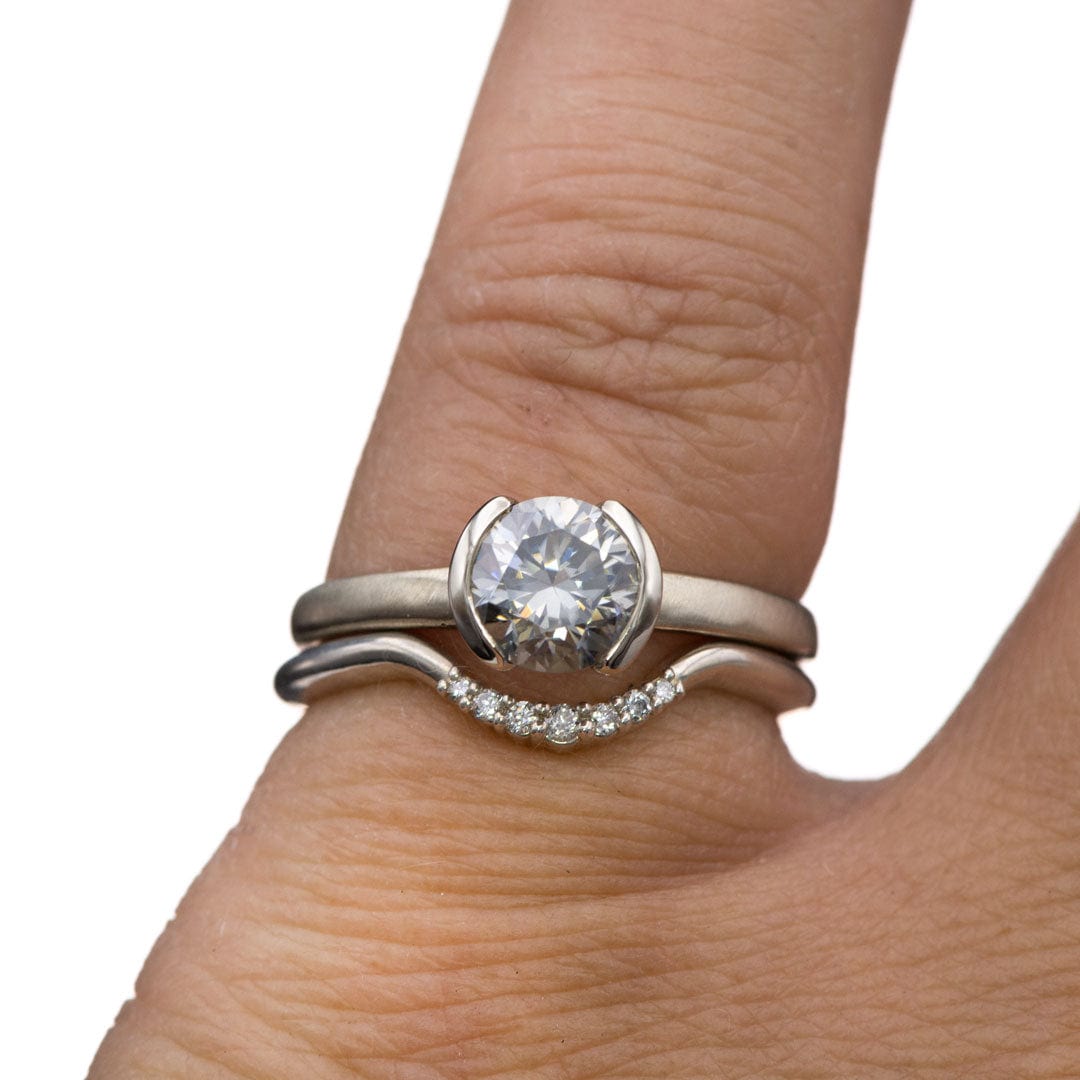 Bridal set Round Gray Moissanite Half Bezel Halley Solitaire 14k White Gold Engagement Ring