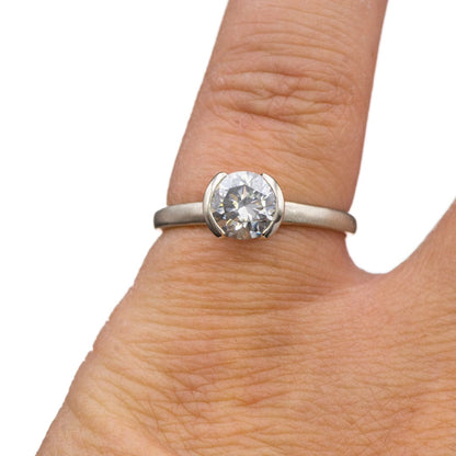 Round Gray Moissanite Half Bezel Halley Solitaire 14k White Gold Engagement Ring on hand by Nodeform