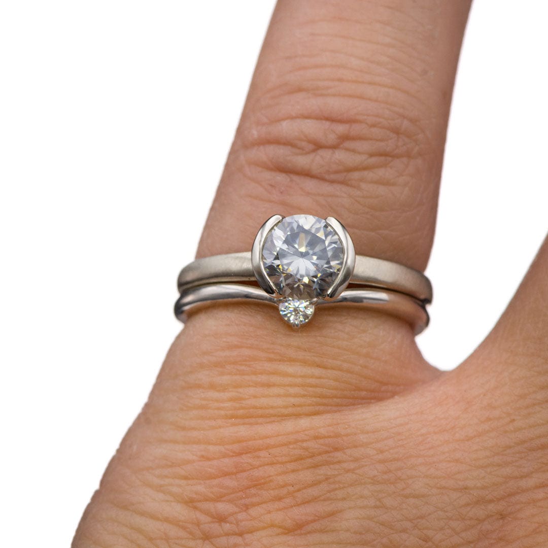 Bridal set Round Gray Moissanite Half Bezel Halley Solitaire 14k White Gold Engagement Ring on hand