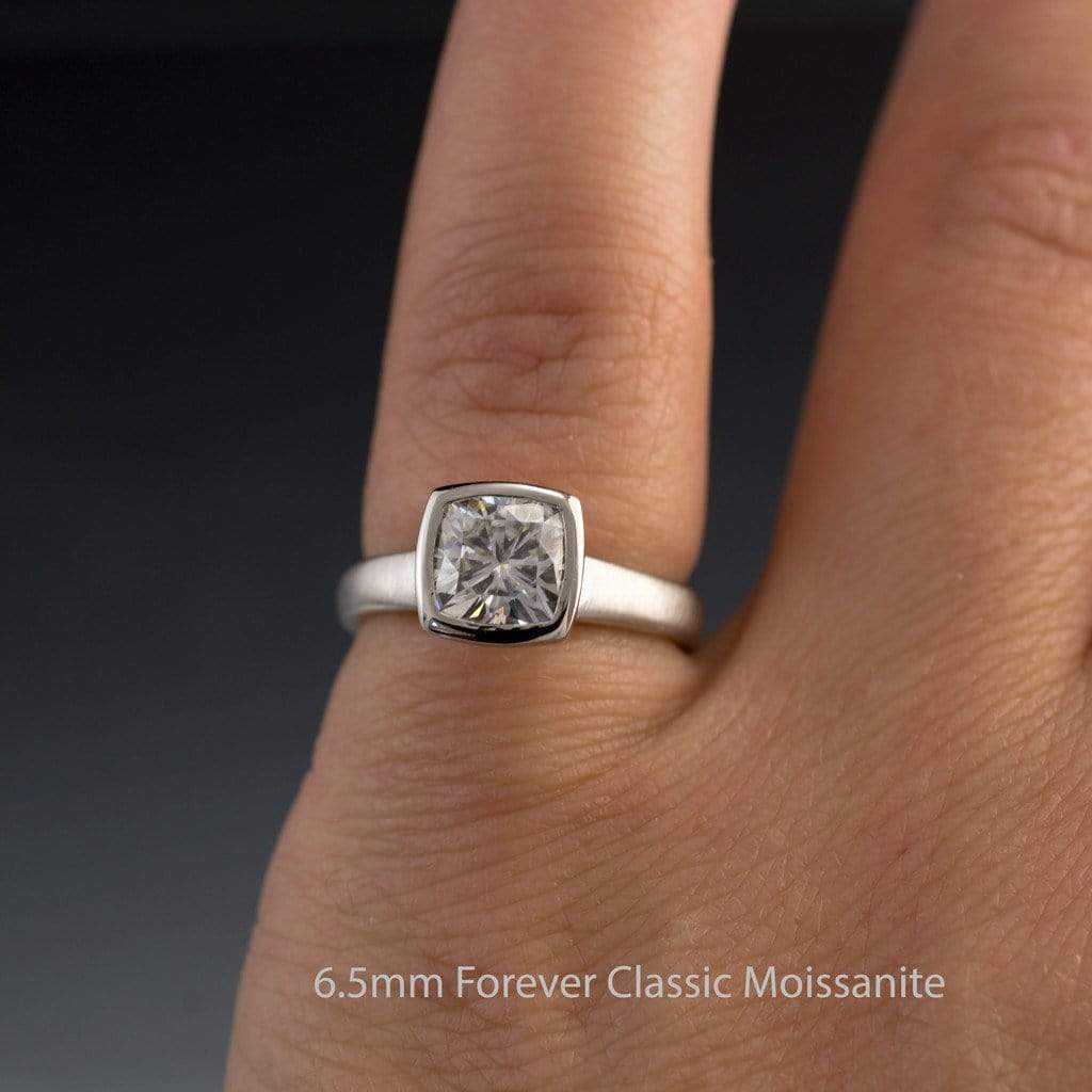 Cushion Moissanite Bezel Engagement Ring and Wedding Band Bridal Set Ring by Nodeform