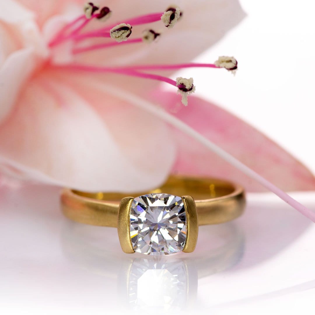 Cushion Moissanite Ring Modified Tension Solitaire Yellow Gold Engagement Ring Ring by Nodeform