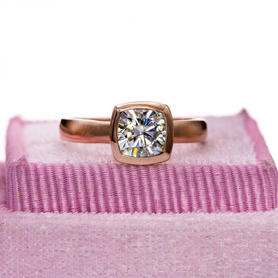 Ethical Sustainable Cushion Moissanite Bezel Solitaire Engagement Ring in 14ky Gold 6mm Colorless F1 Moissanite (Def Color) / 18K Yellow Gold