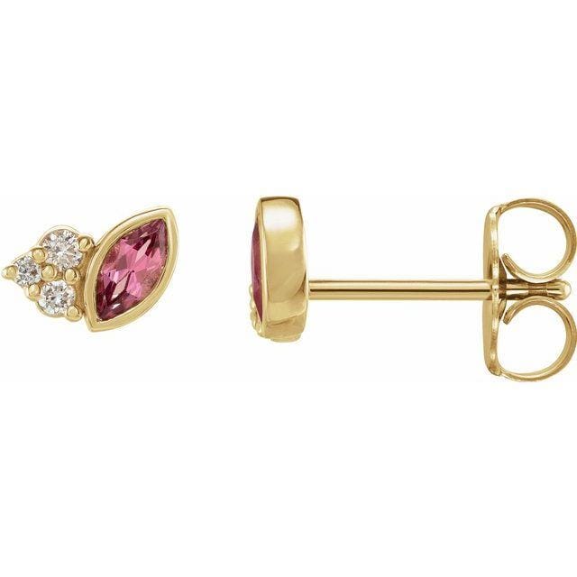 Marquise Pink Tourmaline & Diamond Cluster Gold or Platinum Leaf Stud Earrings 14k Yellow Gold Earrings by Nodeform