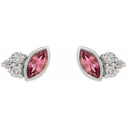 Marquise Pink Tourmaline & Diamond Cluster Gold or Platinum Leaf Stud Earrings 14k White Gold Earrings by Nodeform