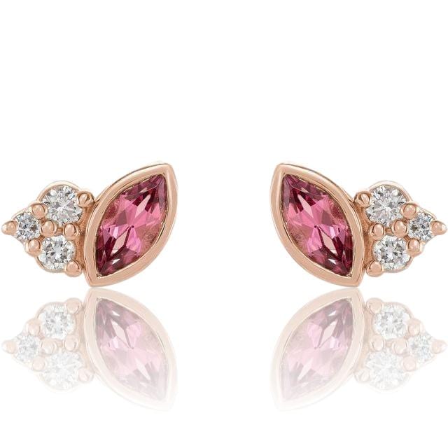 Marquise Pink Tourmaline & Diamond Cluster Gold or Platinum Leaf Stud Earrings 14k Rose Gold Earrings by Nodeform
