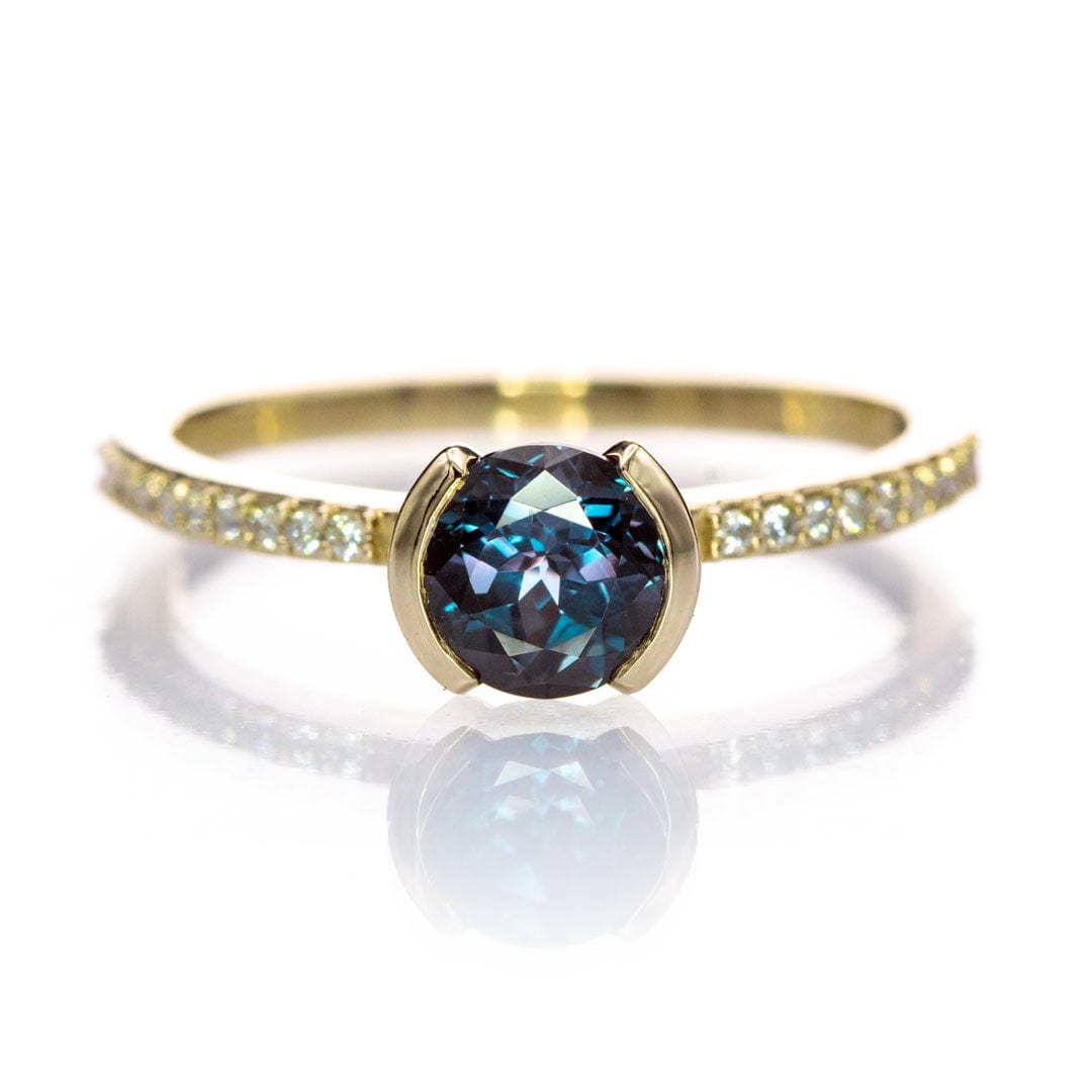 Chatham Alexandrite Half Bezel Diamond Pave Engagement Ring 5.5mm/~0.78ct Chatham Alexandrite / 14k Yellow Gold Ring by Nodeform