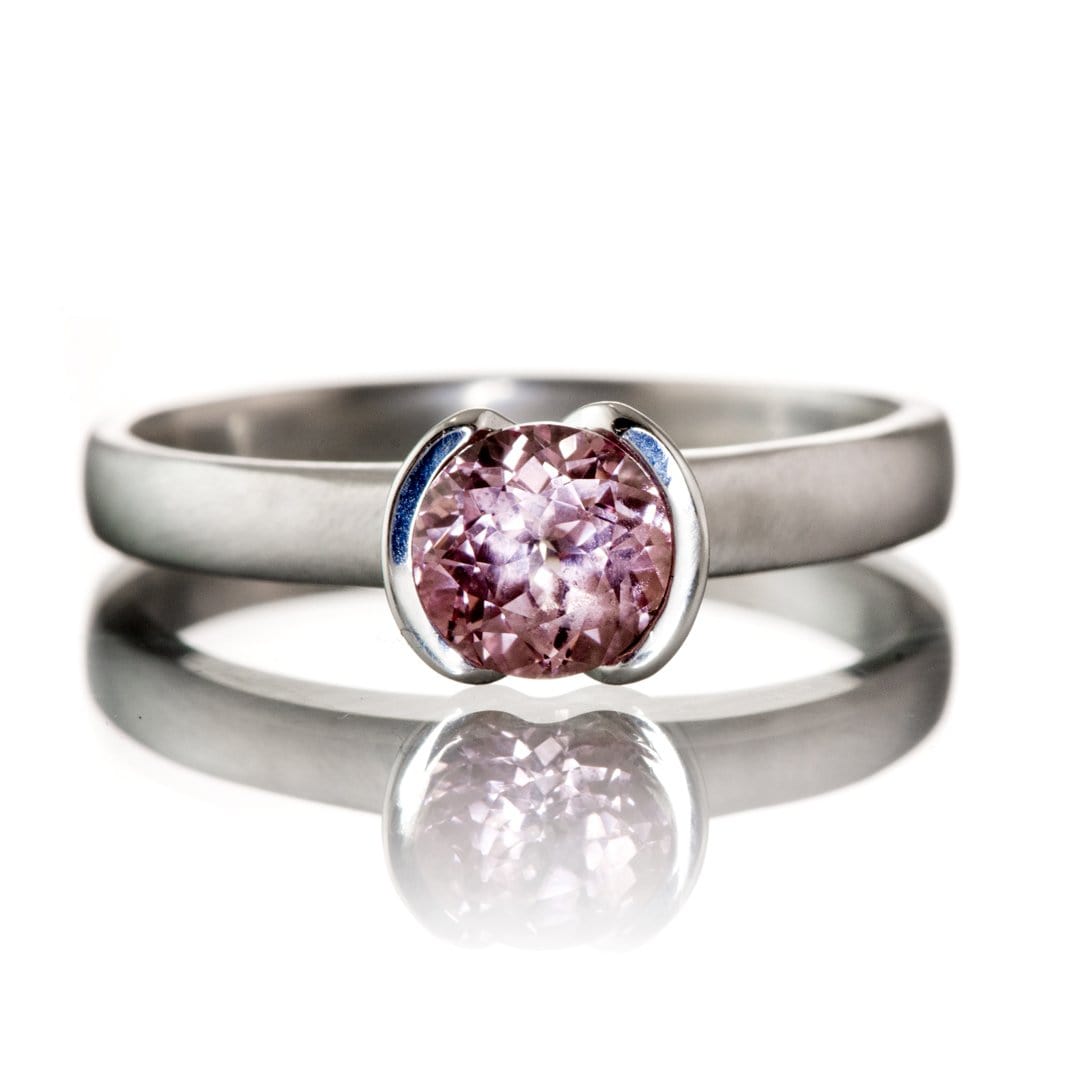Chatham Champagne Pink Sapphire Round Half Bezel Solitaire Engagement Ring 6mm/~1.15ct Champagne Chatham Sapphire / 14k Nickel White Gold (Not Rhodium Plated) Ring by Nodeform