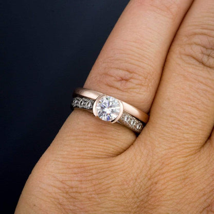 Moissanite Rose Gold Half Bezel Mixed Metal Diamond Star Dust Engagement Ring Ring by Nodeform