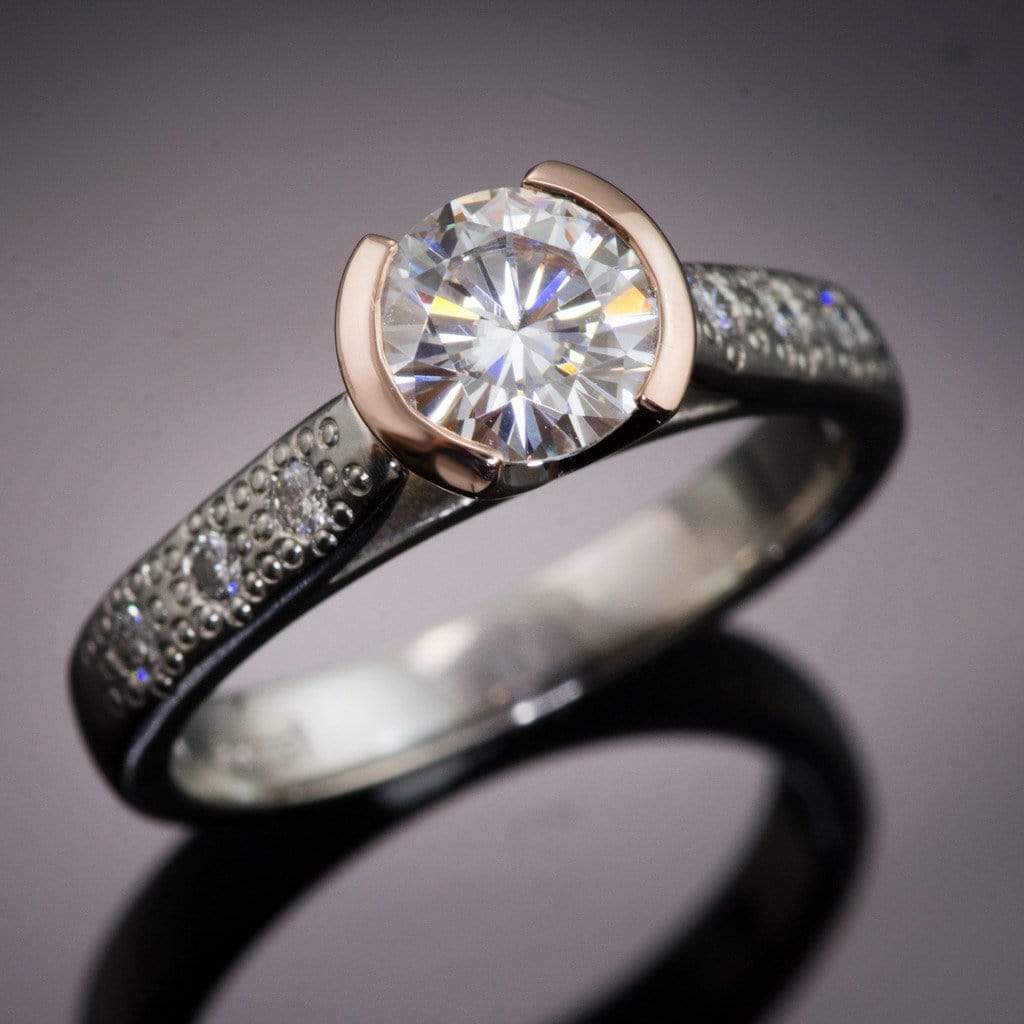 Moissanite Rose Gold Half Bezel Mixed Metal Diamond Star Dust Engagement Ring 6.5mm Near-Colorless F1 Moissanite (GHI Color) / 14k Nickel White Gold Ring by Nodeform