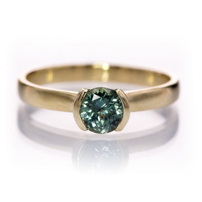 Fair Trade Green/ Blue Montana Sapphire Half Bezel Solitaire Engagement Ring 5mm Teal Blue/Green Sapphire: C or D / 14k Yellow Gold Ring by Nodeform
