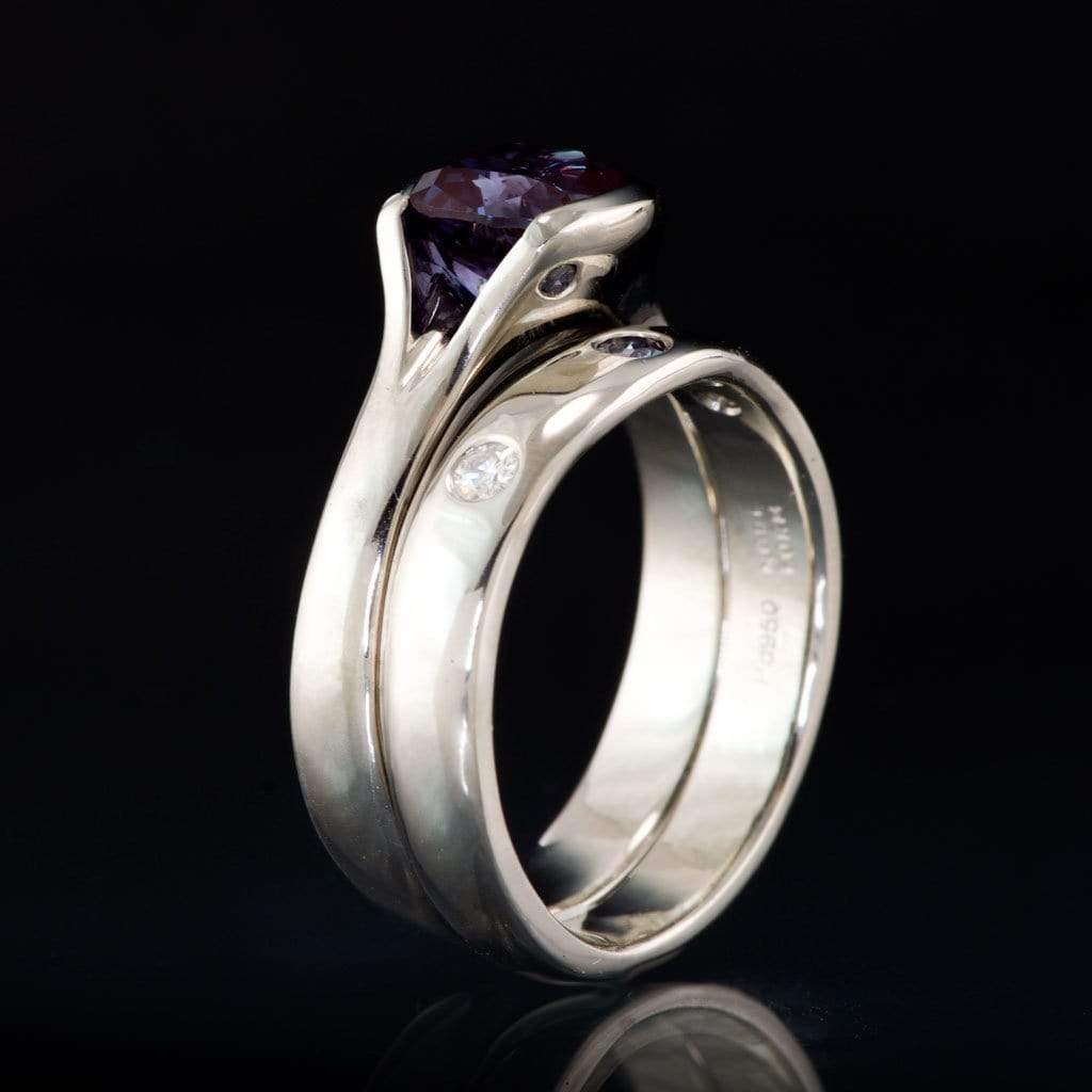 Moissanite and Alexandrite Fitted Contoured Wedding Ring Shadow Band Ring by Nodeform