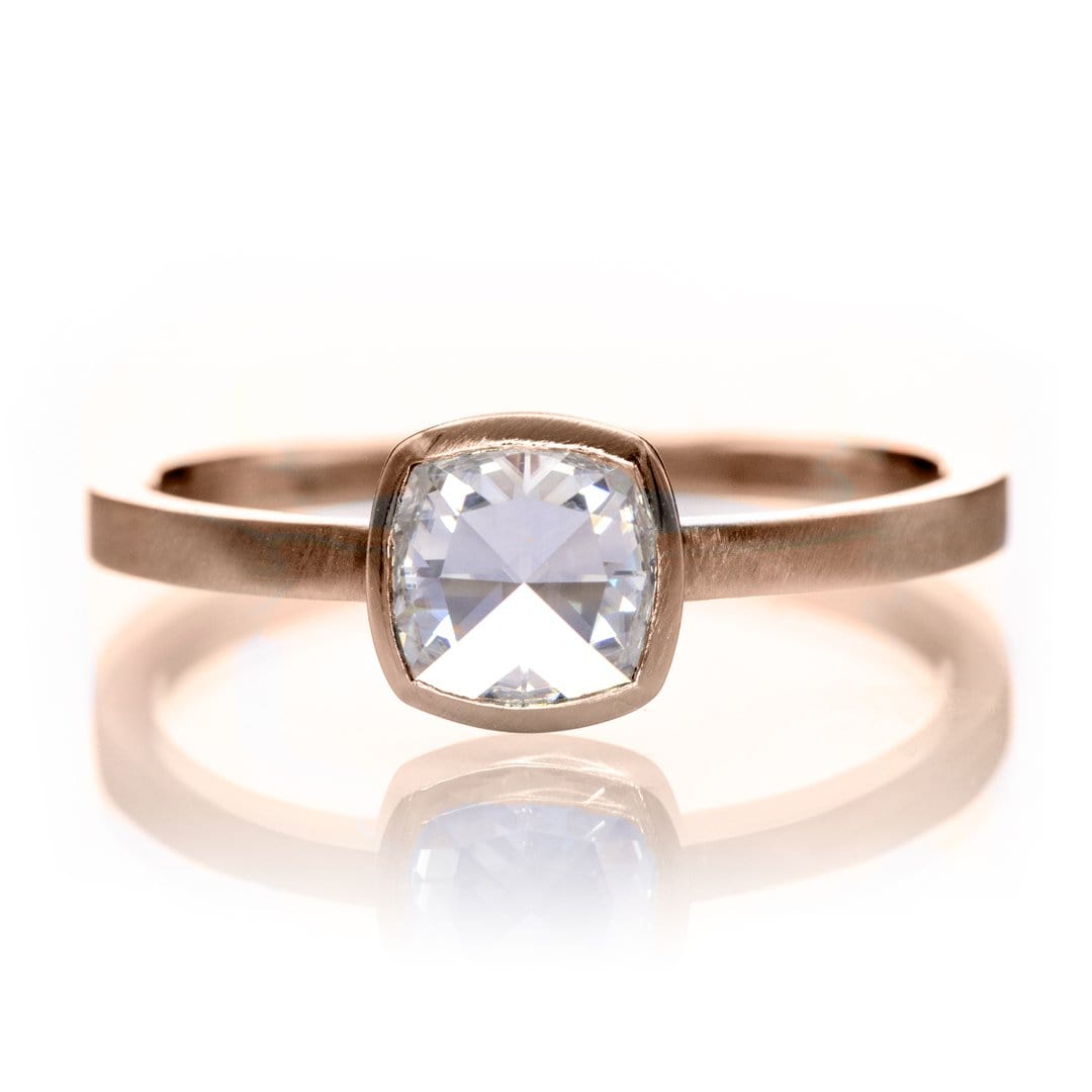 Cushion Rose Cut Moissanite Low Profile Bezel Minimal Solitaire Engagement Ring 14k Rose Gold Ring by Nodeform