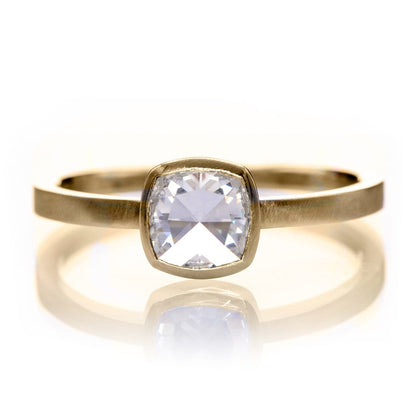 Cushion Rose Cut Moissanite Low Profile Bezel Minimal Solitaire Engagement Ring 14k Yellow Gold Ring by Nodeform