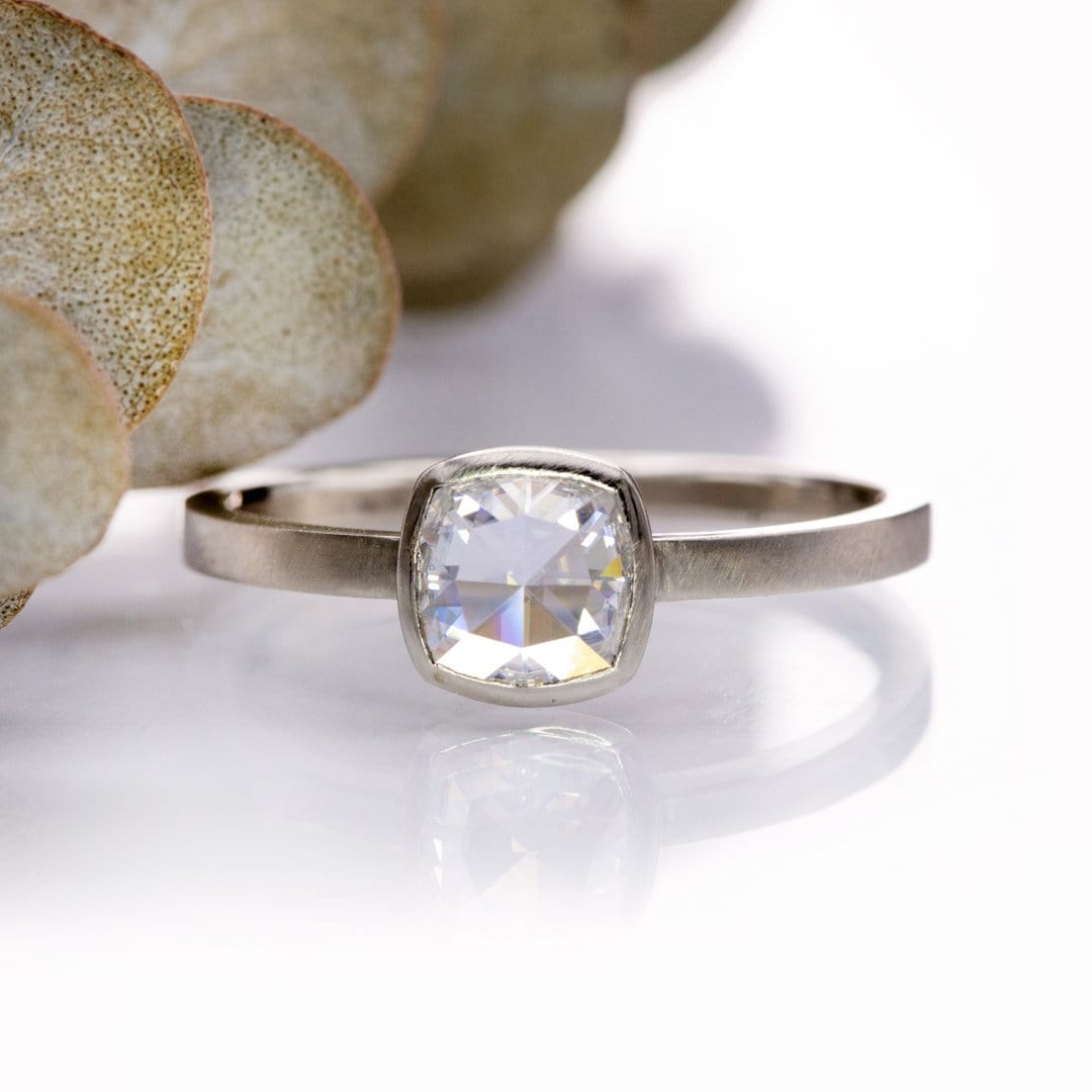Cushion Rose Cut Moissanite Low Profile Bezel Minimal Solitaire Engagement Ring Ring by Nodeform