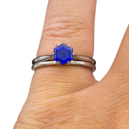 Dahlia Solitaire - Hexagon Blue Sapphire 6-Prong 10k White Gold Engagement Ring, Ready to Ship Ring Ready To Ship by Nodeform