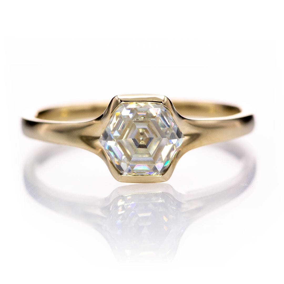 Hexagon Step Cut Moissanite Fold Semi-bezel 10k Yellow Gold Engagement Ring Ring Ready To Ship by Nodeform