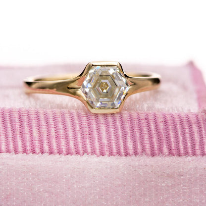 Hexagon Step Cut Moissanite Fold Semi-bezel 10k Yellow Gold Engagement Ring Ring Ready To Ship by Nodeform