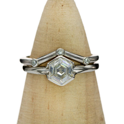 Hexagon Step Cut Moissanite Fold Semi-bezel 14k White Gold Engagement Ring Ring Ready To Ship by Nodeform