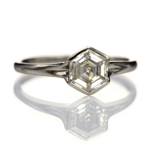 Hexagon Step Cut Moissanite Fold Semi-bezel 14k White Gold Engagement Ring Ring Ready To Ship by Nodeform