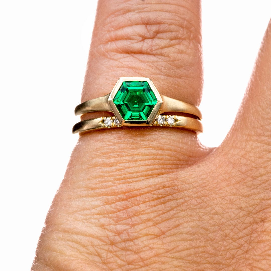 Bezel Set Hexagon Emerald 14k Yellow Gold Signet Solitaire Ring, Ready to Ship 14K Yellow Gold Ring Ready To Ship by Nodeform