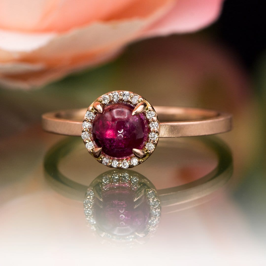 Pink Tourmaline & White Diamond Halo Rose Gold Cocktail Ring, size 4 to 9 Ready to ship Ring Ready To Ship by Nodeform